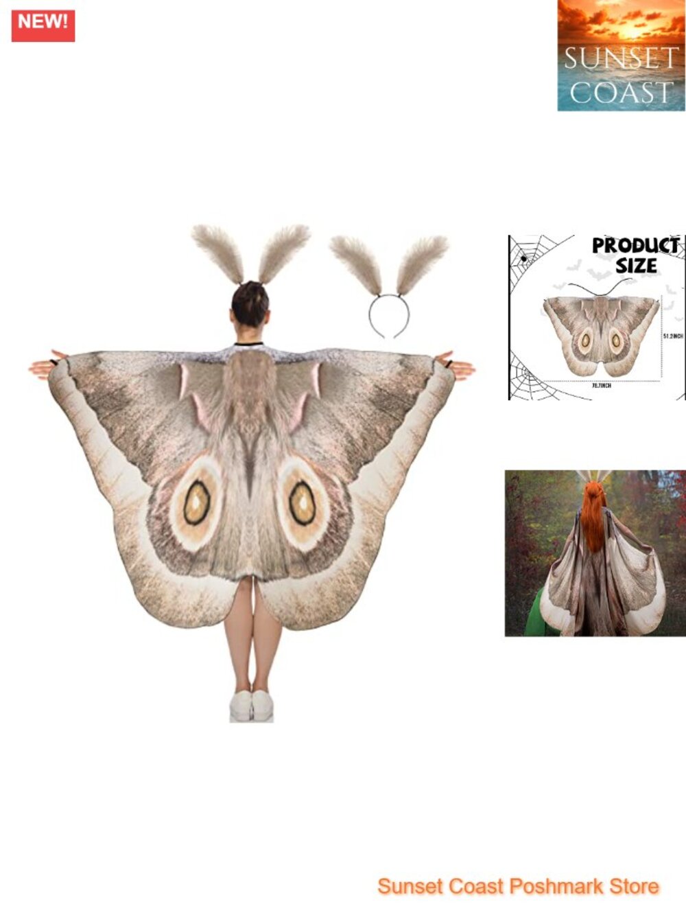 Moth Wing Shawl Cape & Feather Headband Costume Set